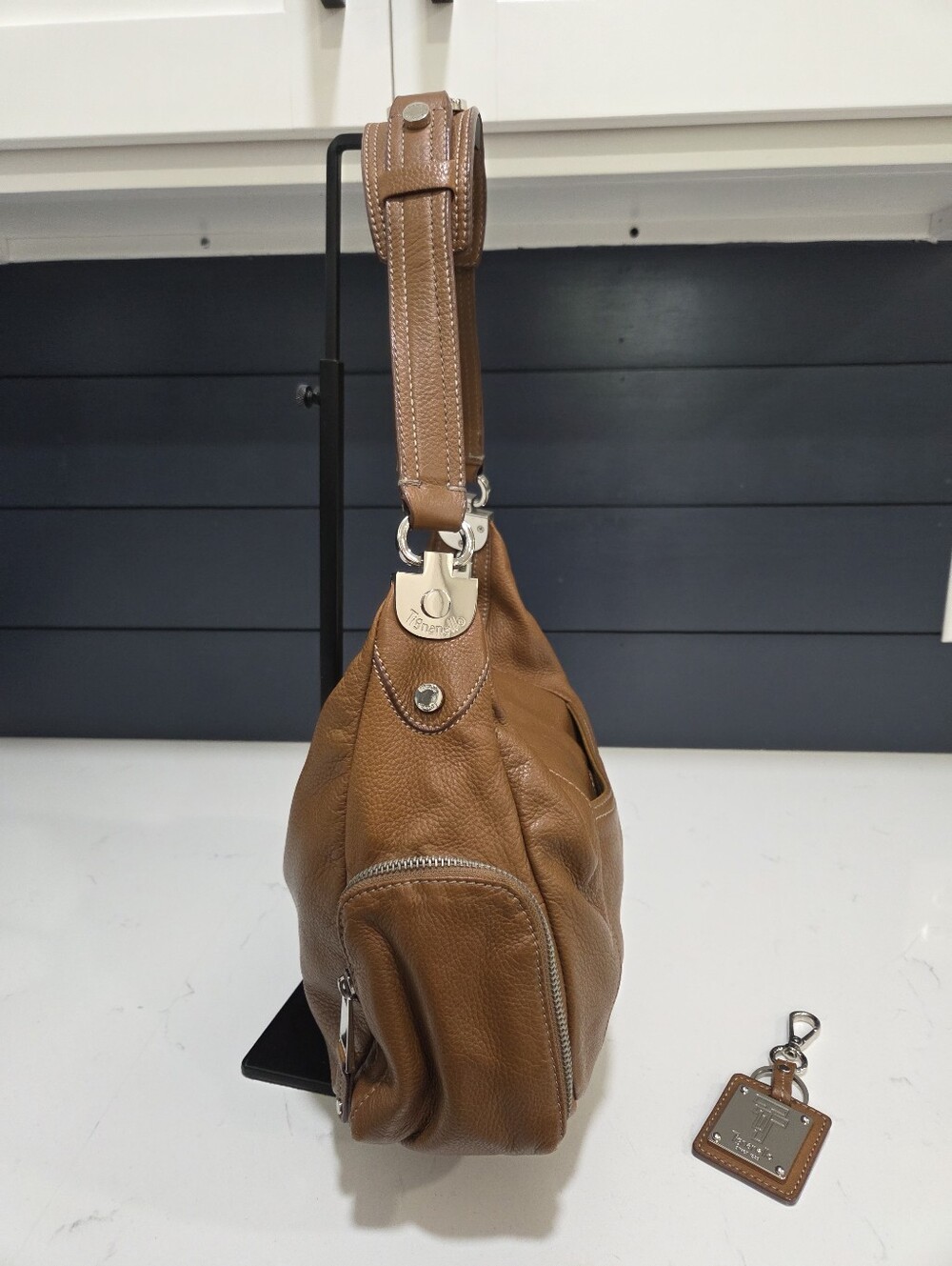 Tignanello Hobo Bag Warm Cognac Brown Leather Silver Trims - Picture 3 of 15